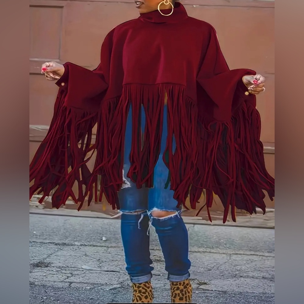 Plus Size Fringe Poncho Coat | High Neck Batwing Cape (1X–5X)